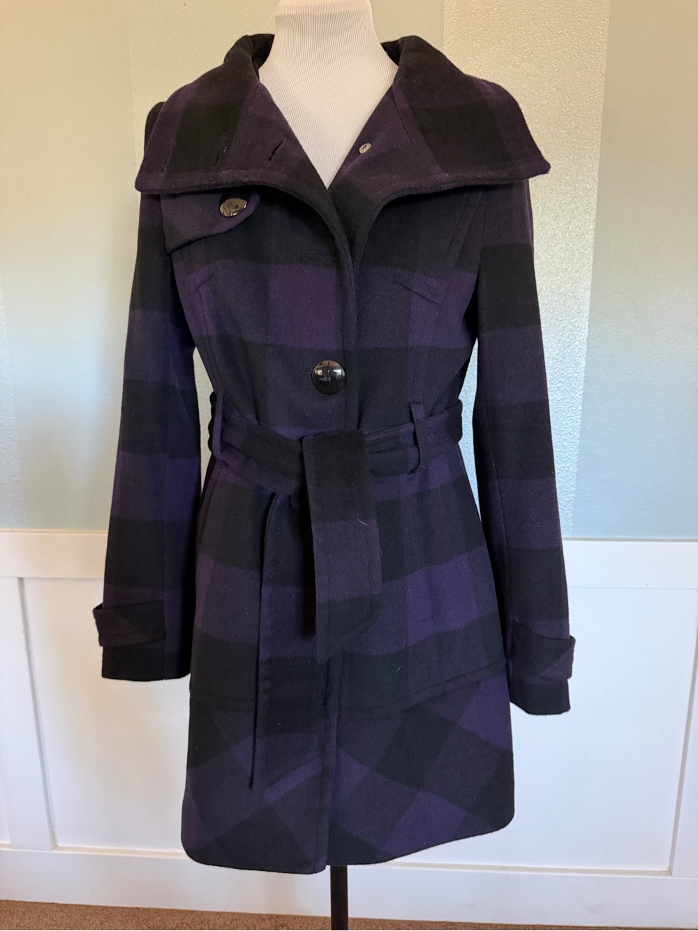 Black Rivet Purple and Black Plaid Belted Trench Coat